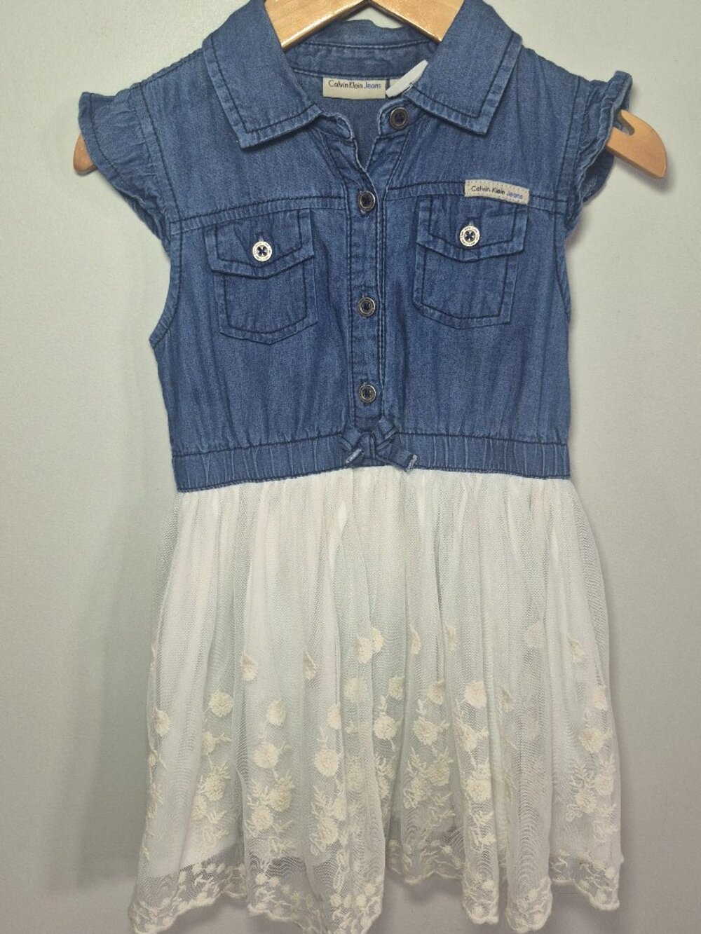 Calvin Klein Jeans Girls Denim & Floral Embroidered Tulle Dress Size 4
